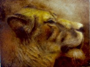 Lionne - Huile sur bois 22 cm x 28 cm